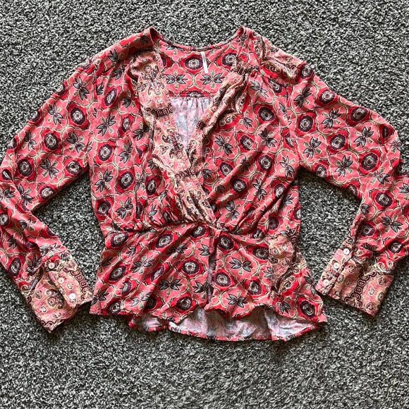 Free People Womens Large Red/Pink Floral Boho Vneck Blouse - Picture 1 of 7